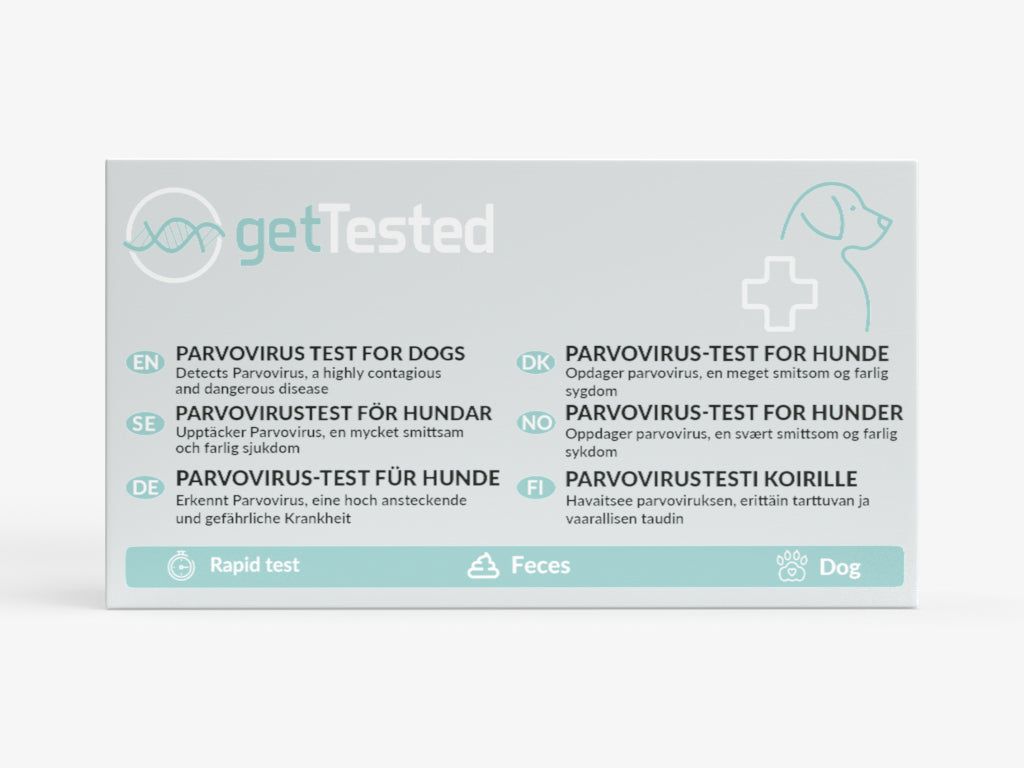 Boîte avec nom du produit et logo GetTested. Contient des informations en plusieurs langues.