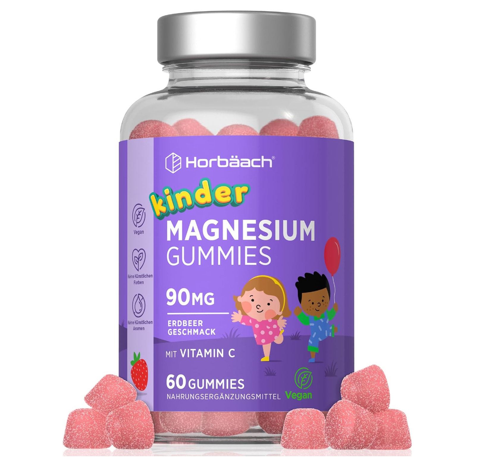 Horbaach Kinder Magnesium Gummibärchen met vitamine C. Fles met 60 gummies. Aardbei smaak. Vegan.