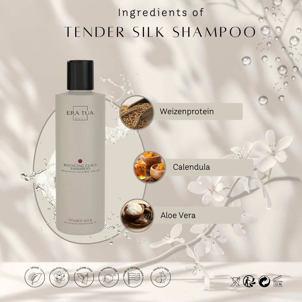 Fles "Era Tua" Tender Silk Shampoo. Ingrediënten: tarweproteïne, calendula, aloë vera. Veganistisch en dierproefvrij.