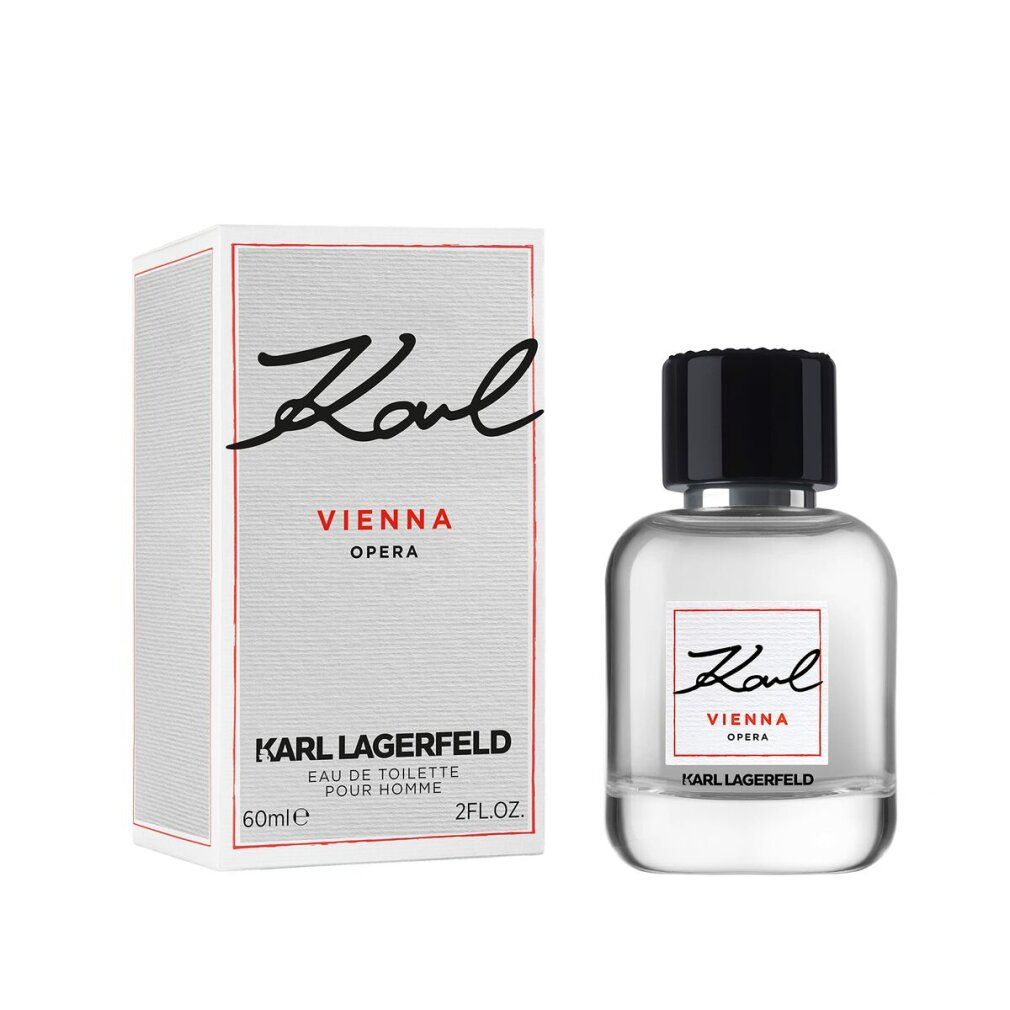 Fles en verpakking. Fles: transparant, zwarte dop, rood etiket. Verpakking: wit, Karl Vienna Opera, Karl Lagerfeld.