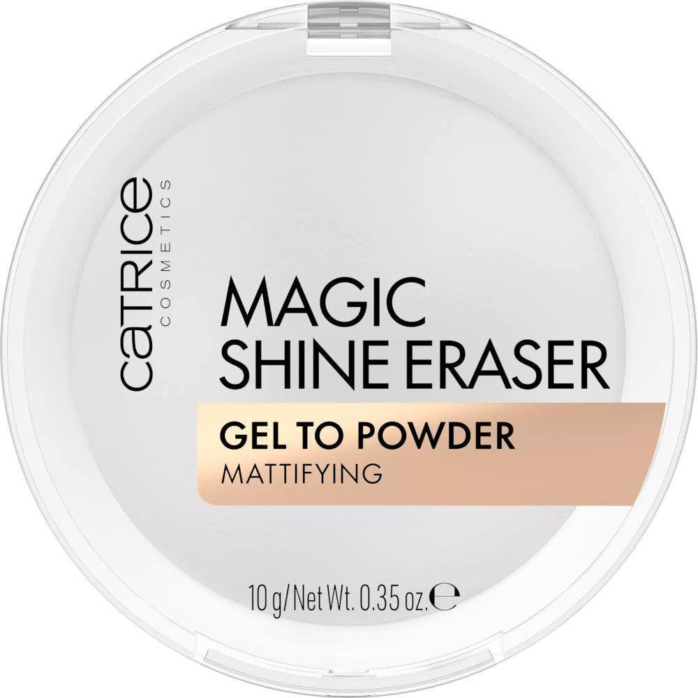 Ronde witte houder met transparant deksel. Opschrift: Catrice, Magic Shine Eraser, Gel to Powder, Mattifying. 10 g/Net Wt. 0.35 oz.