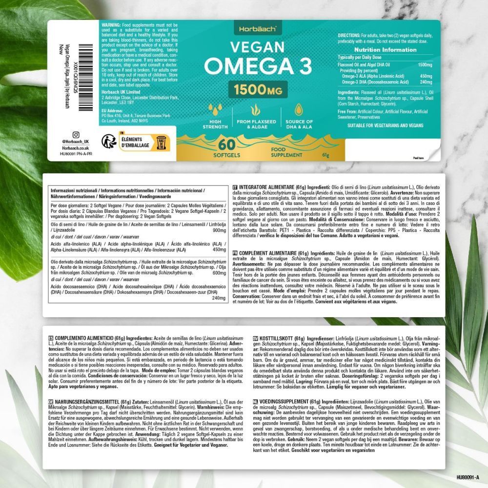 Etiket met informatie. Horbaach Vegan Omega 3. Ingrediënten, voedingswaarden, gebruiksaanwijzing.