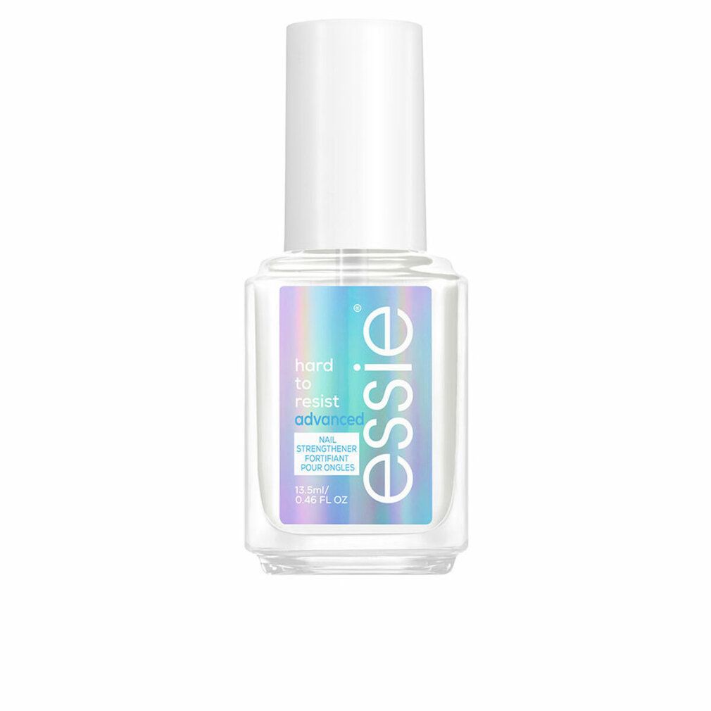 Flacon transparent avec bouchon blanc. Étiquette "hard to resist advanced" et logo "essie". Fortifiant pour ongles.