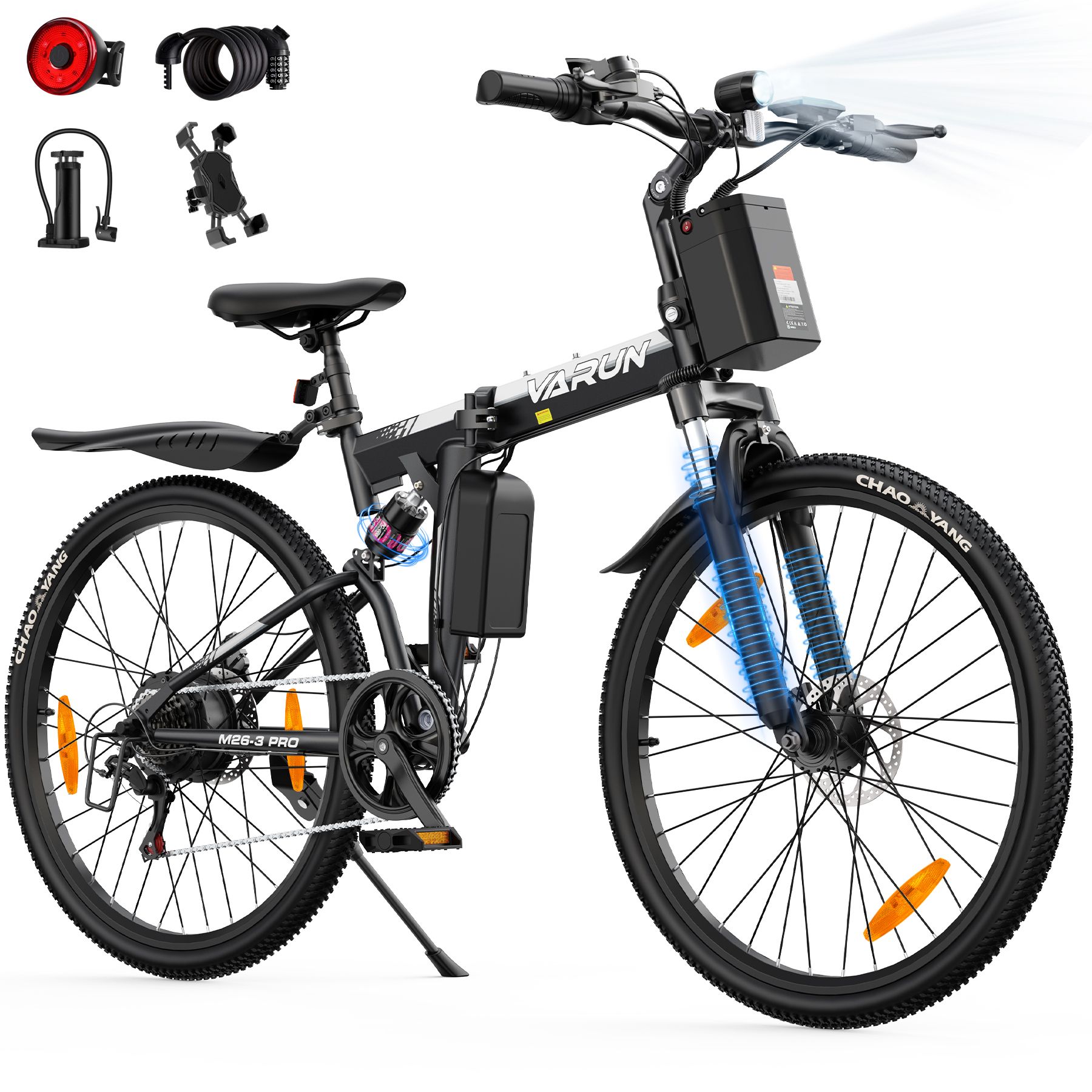 Vélo pliant noir avec batterie, logo VARUN. Accessoires: feu arrière, antivol spirale, pompe, support téléphone. Phare.