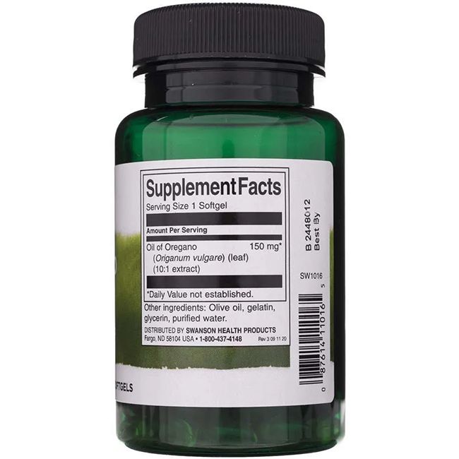 Dos du flacon vert. Étiquette "Supplement Facts", huile d'origan 150 mg, ingrédients et fabricant.