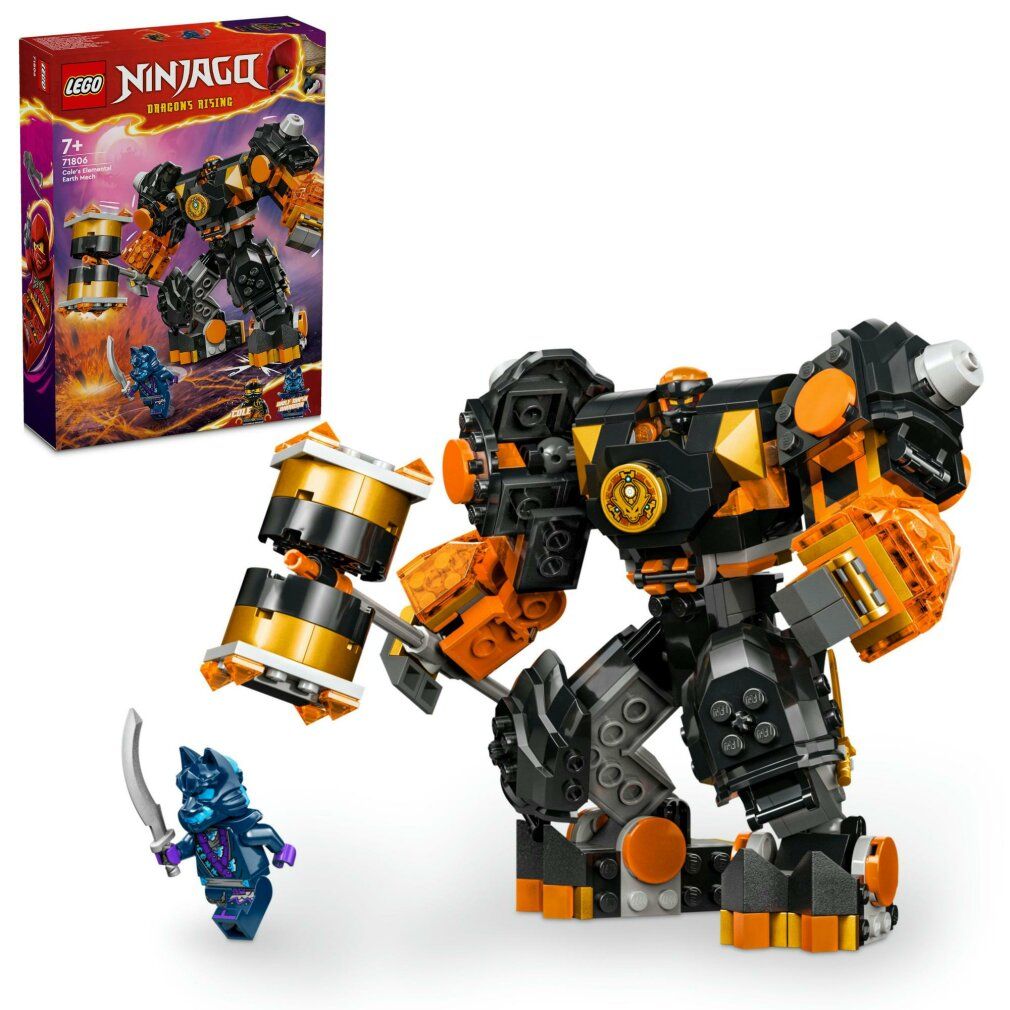 LEGO NINJAGO Mech Elemento di Terra di Cole. Robot met accessoires en figuur. Verpakking op de achtergrond.