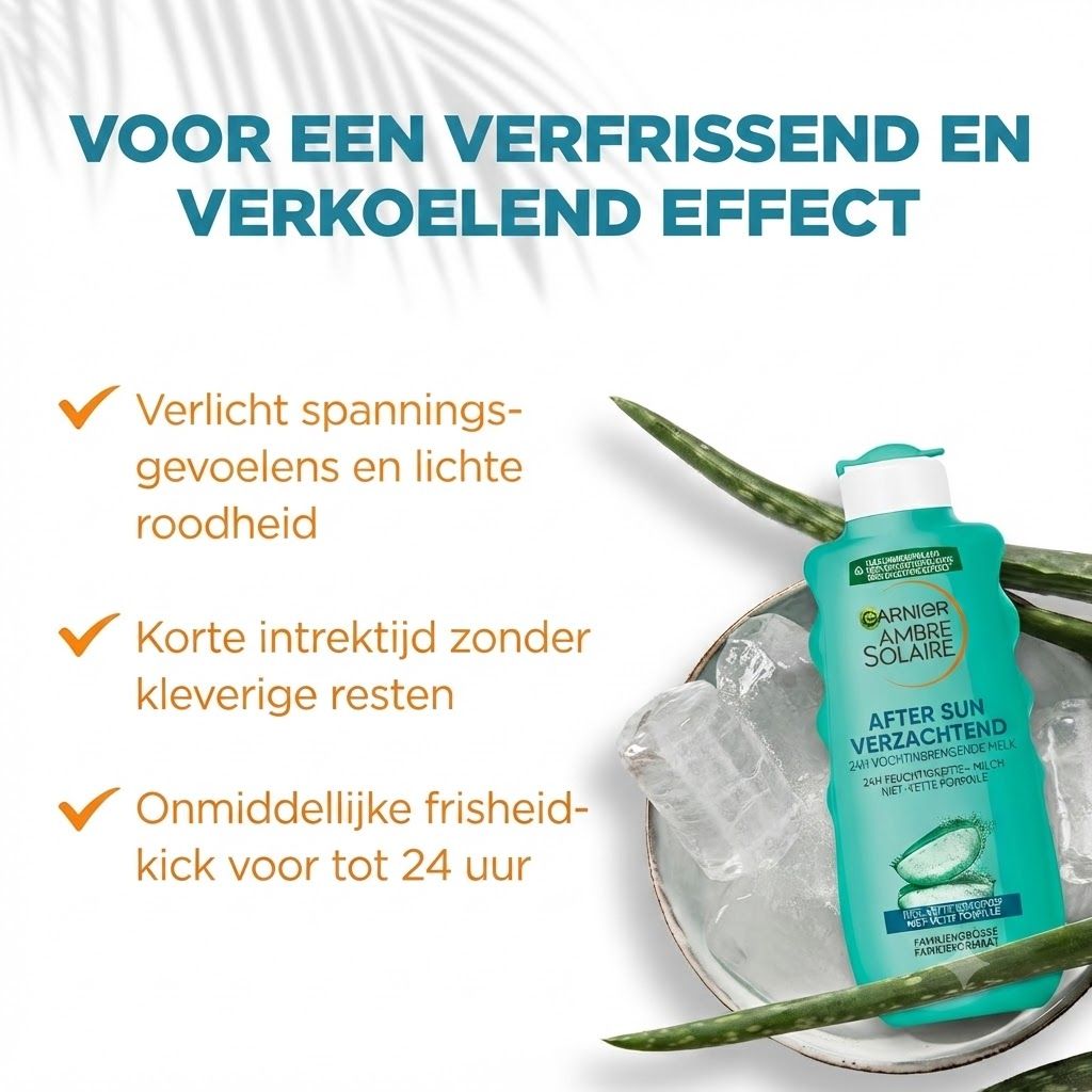 Garnier Ambre Solaire After Sun fles met aloë vera, omringd door ijs en aloë vera bladeren.