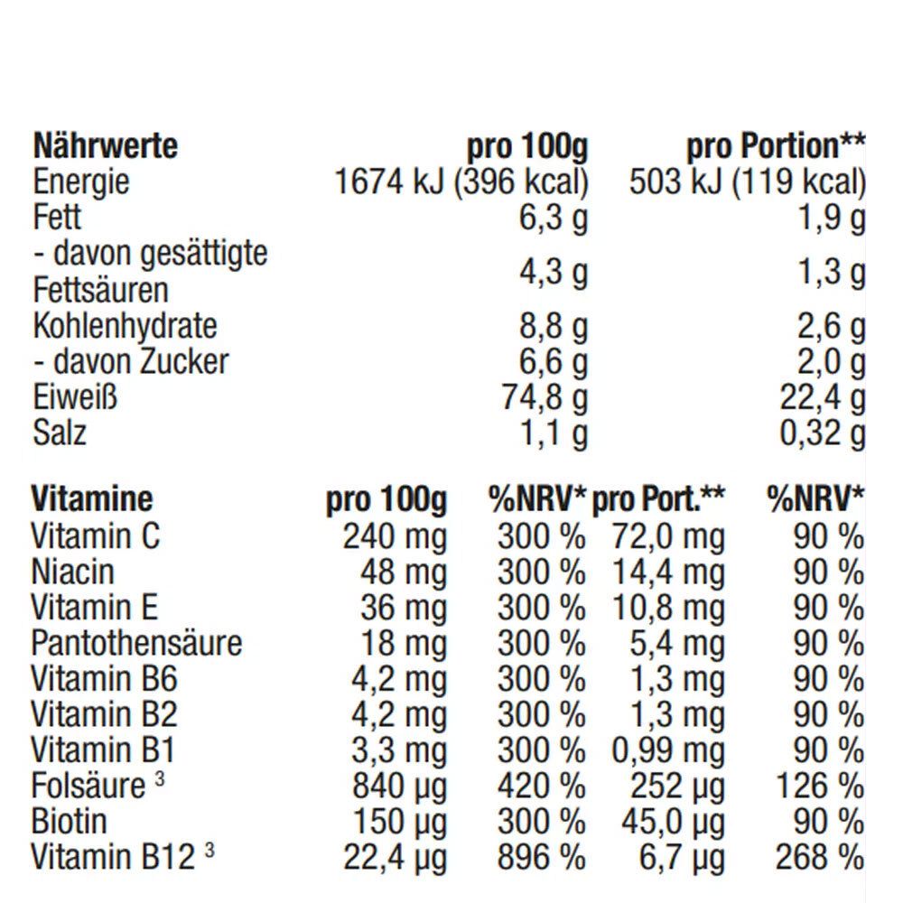 Voedingstabel. Informatie per 100g en per portie. Bevat informatie over energie, vet, koolhydraten, eiwit, zout en vitamines.