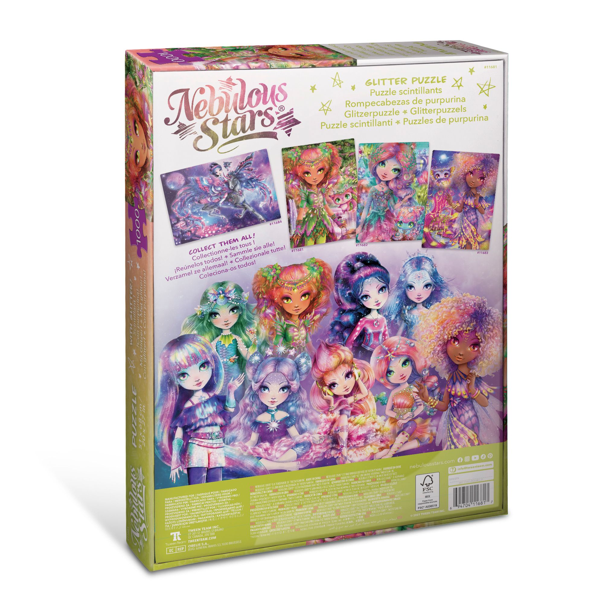 Achterkant van de puzzeldoos. Nebulous Stars-logo, glitterpuzzel. Illustraties van verschillende personages.