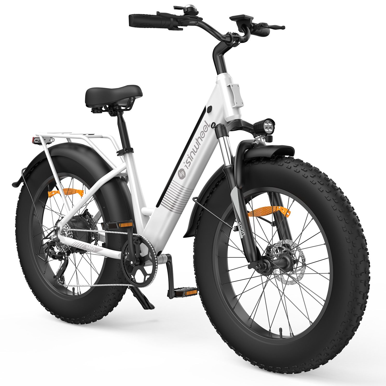 Vélo électrique blanc avec pneus larges, porte-bagages et logo Isinwheel. Garde-boue et selle noirs.
