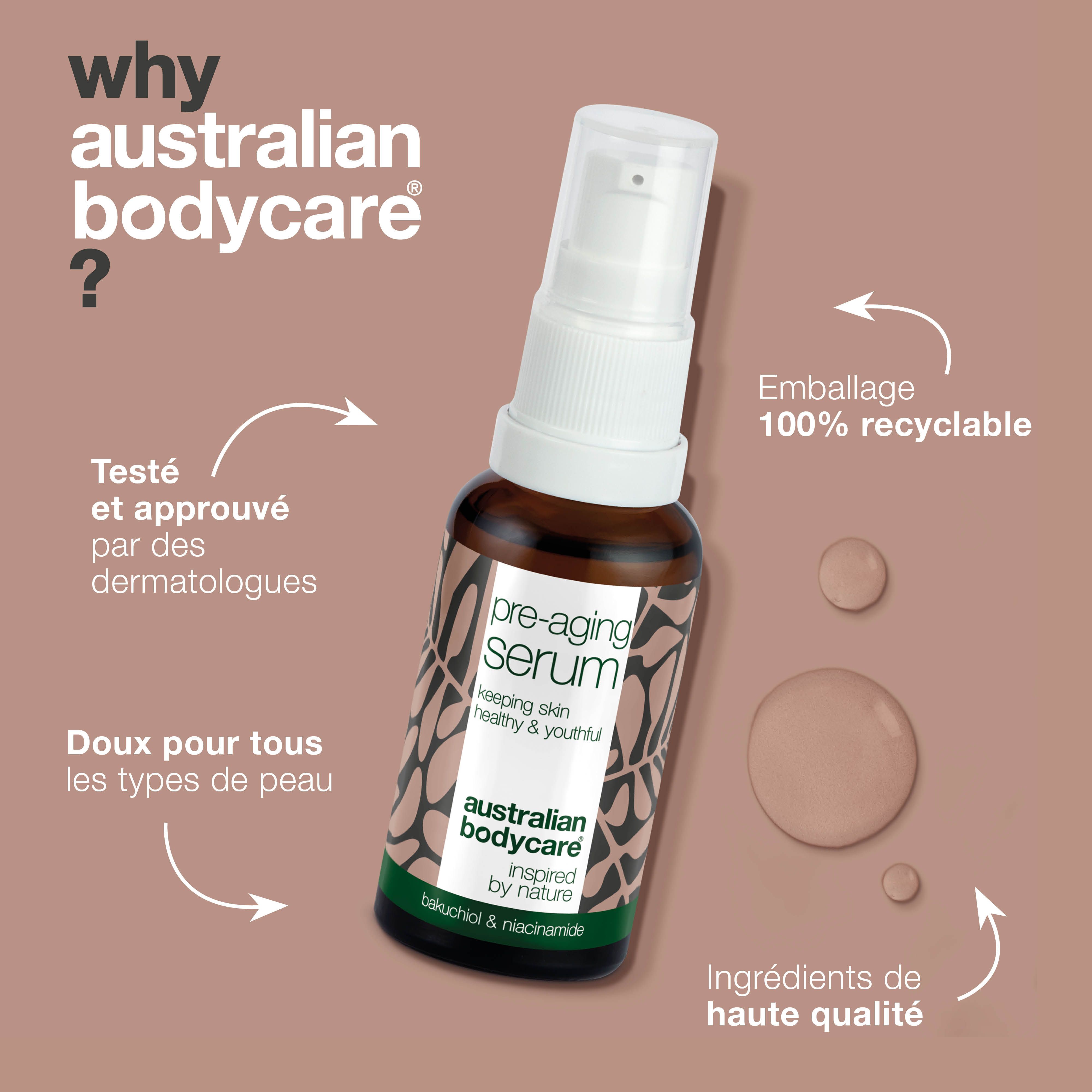 Flacon de sérum. Texte : testé, doux pour tous les types de peau, ingrédients de haute qualité, emballage recyclable.