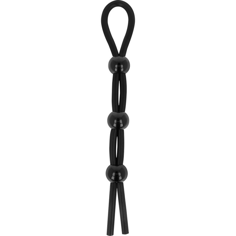 Zwarte ring met drie kralen op een flexibele band, verticaal georiënteerd.