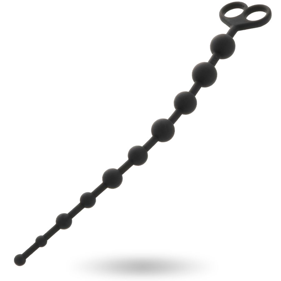 Chaîne de perles anales noire avec poignée en forme de cœur, vue de dessus.