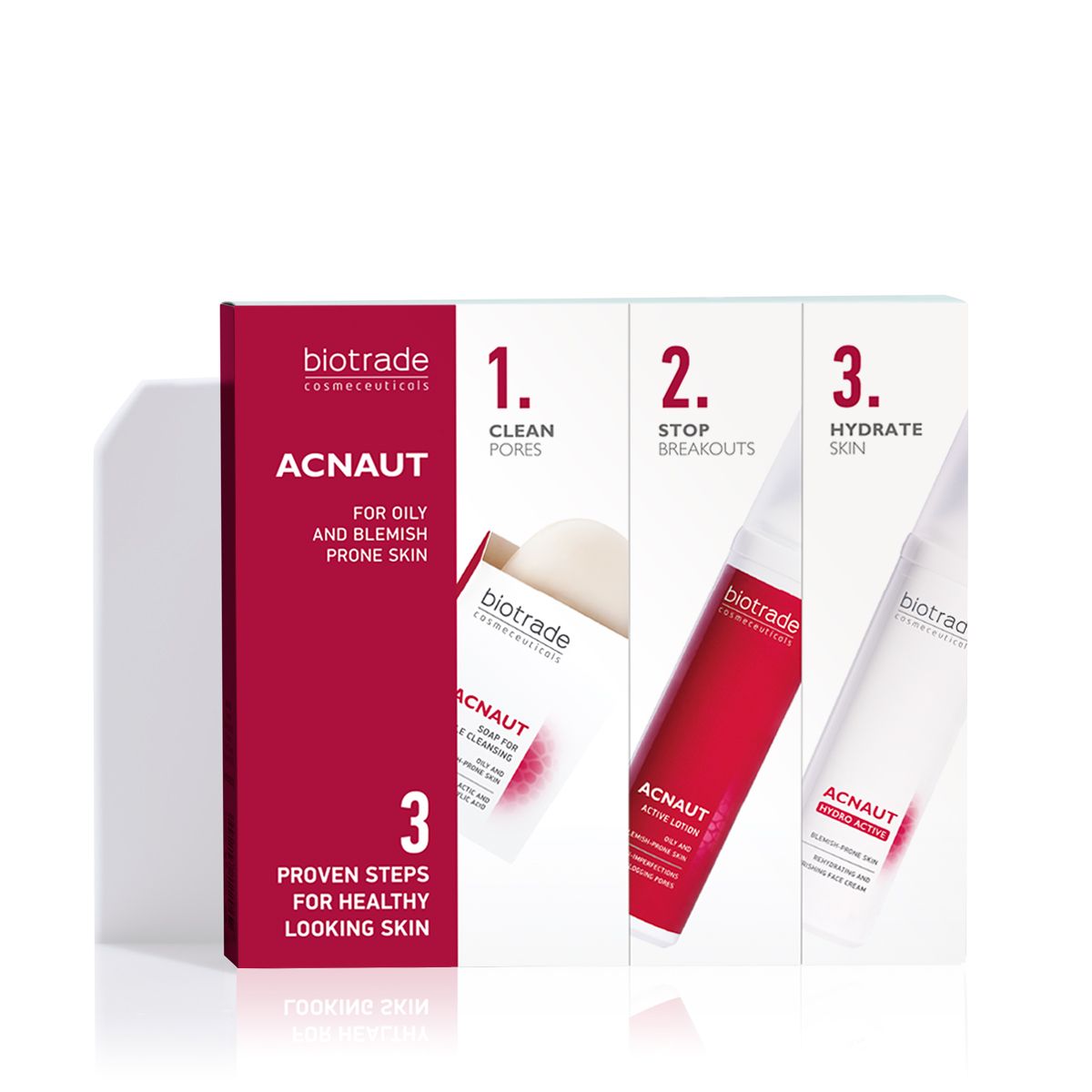 Boîte avec trois produits. Boîte rouge et blanche avec "Acnaut" et "3 Proven Steps".