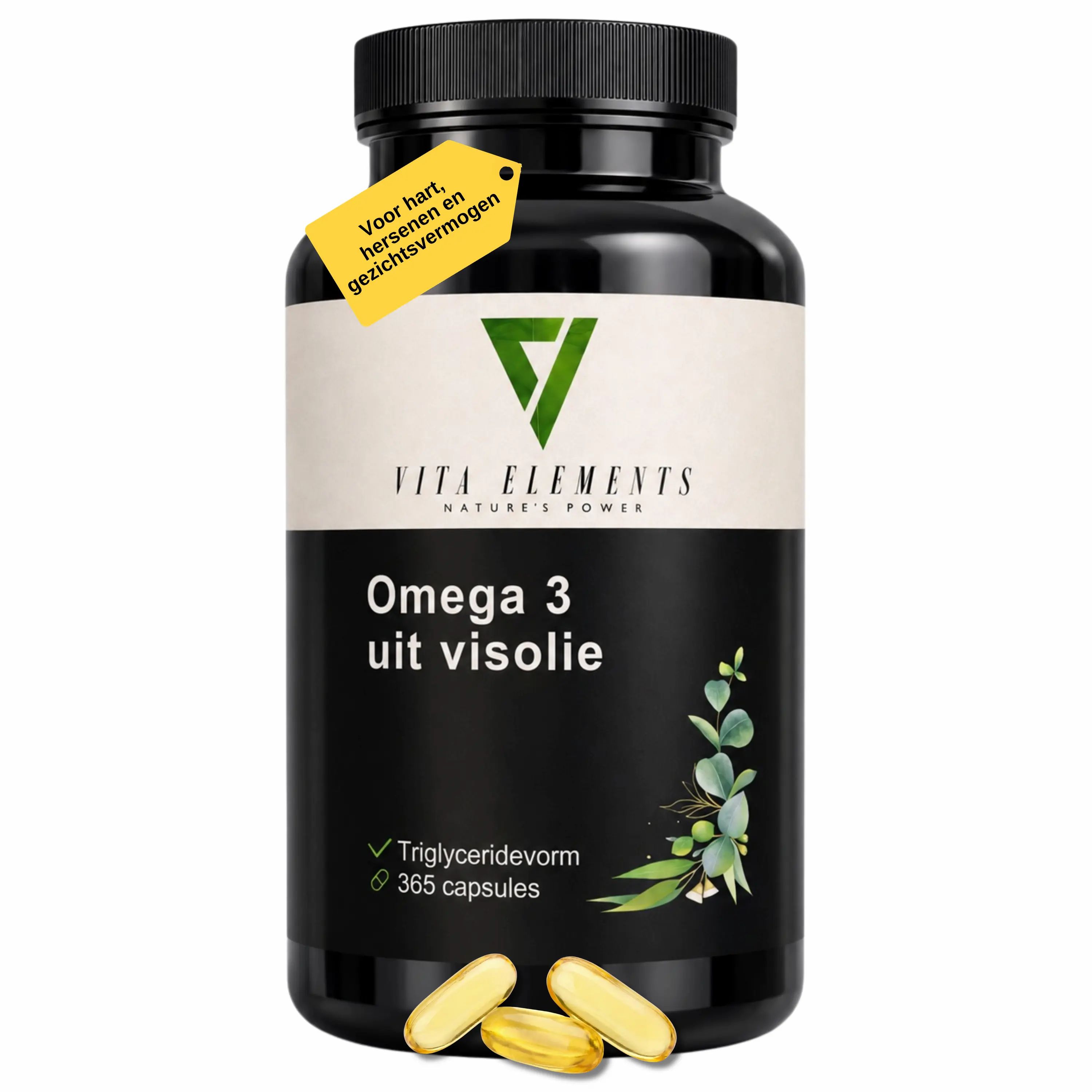 Fles omega-3 capsules, 365 stuks. "Ideaal voor sporters" label.