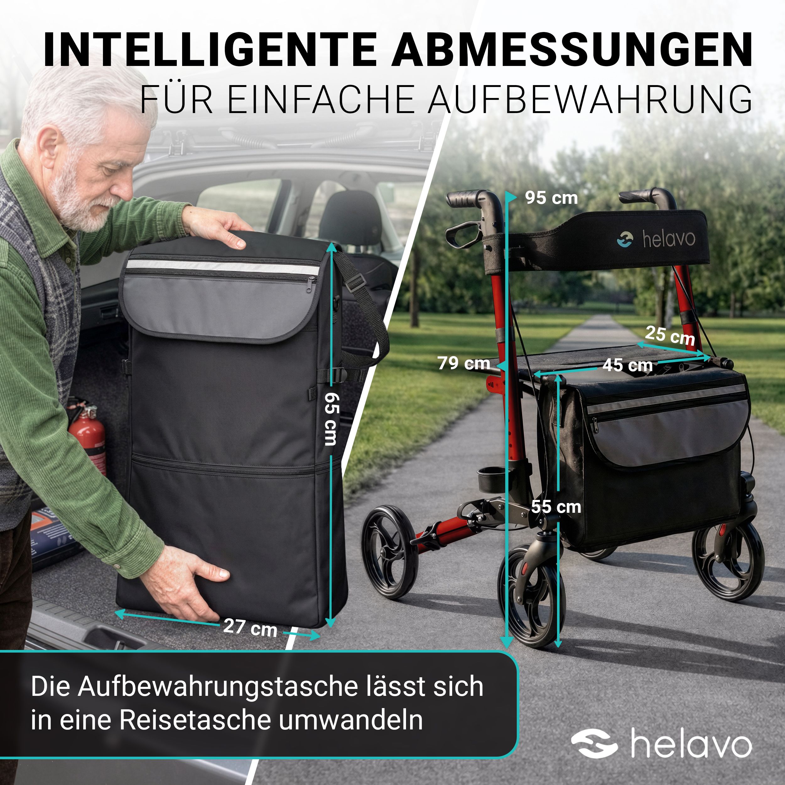 Rollator Helavo et sac de voyage pliable (65x27cm). Dimensions: 95x79x45x55cm.