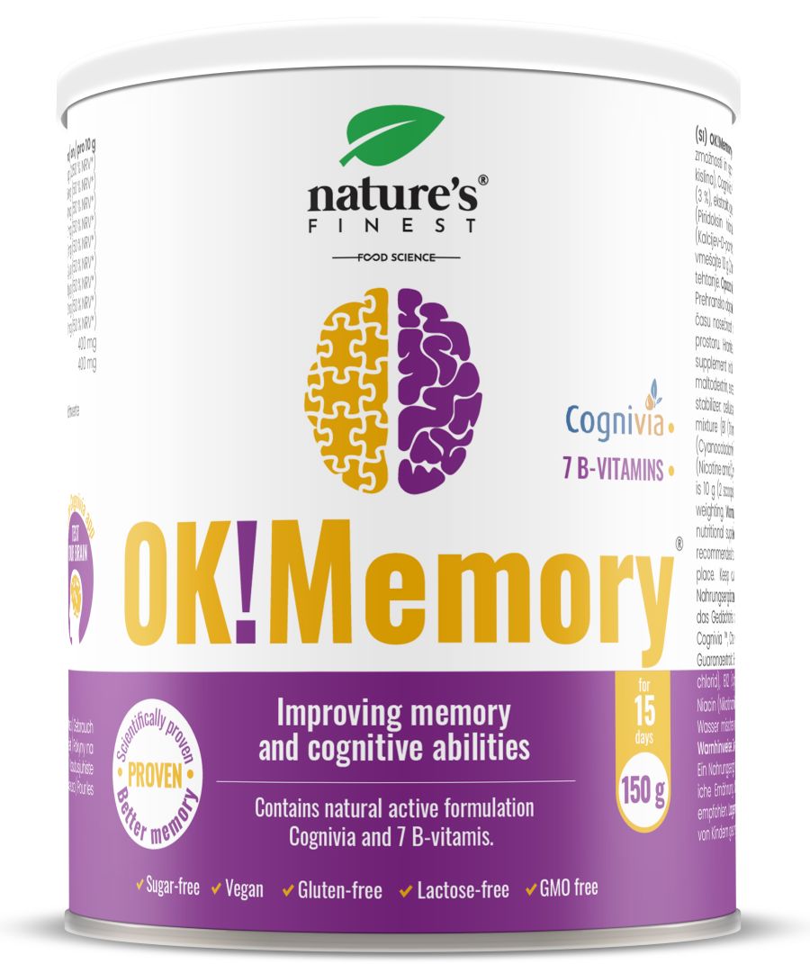 Witte Nature's Finest OK!Memory-container met paarse en gele accenten. Bevat Cognivia en 7 B-vitamines. Opschrift: Improving memory and cognitive abilities.