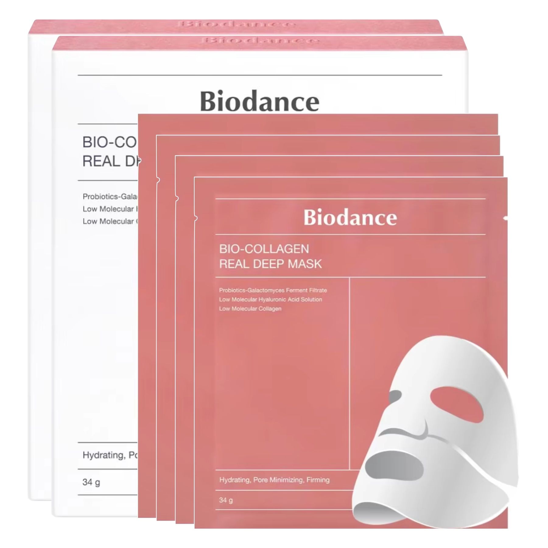 Meerdere maskers in roze verpakking. Tekst: Biodance. Bio-Collagen Real Deep Mask. 34 g.