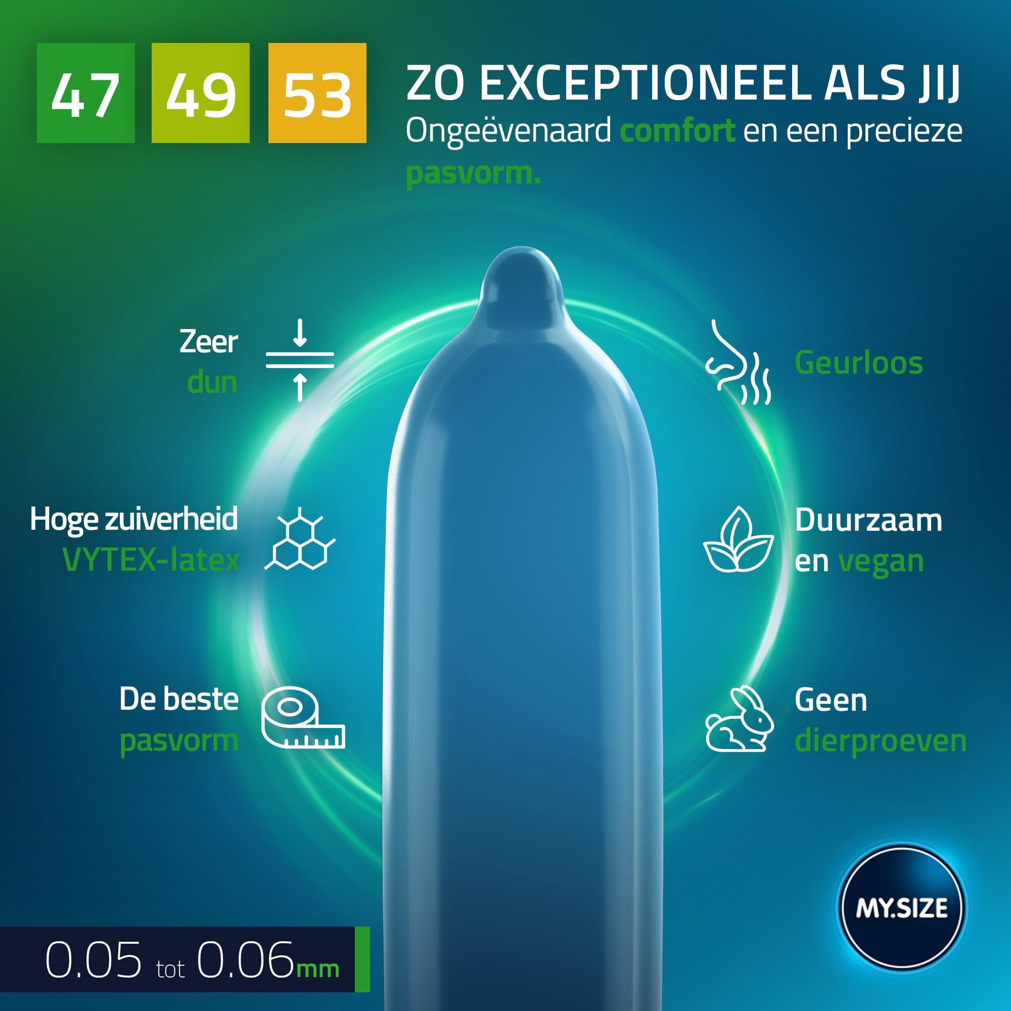 Stel omhelst elkaar, omringd door My.Size PRO condoomverpakkingen en individuele condooms.