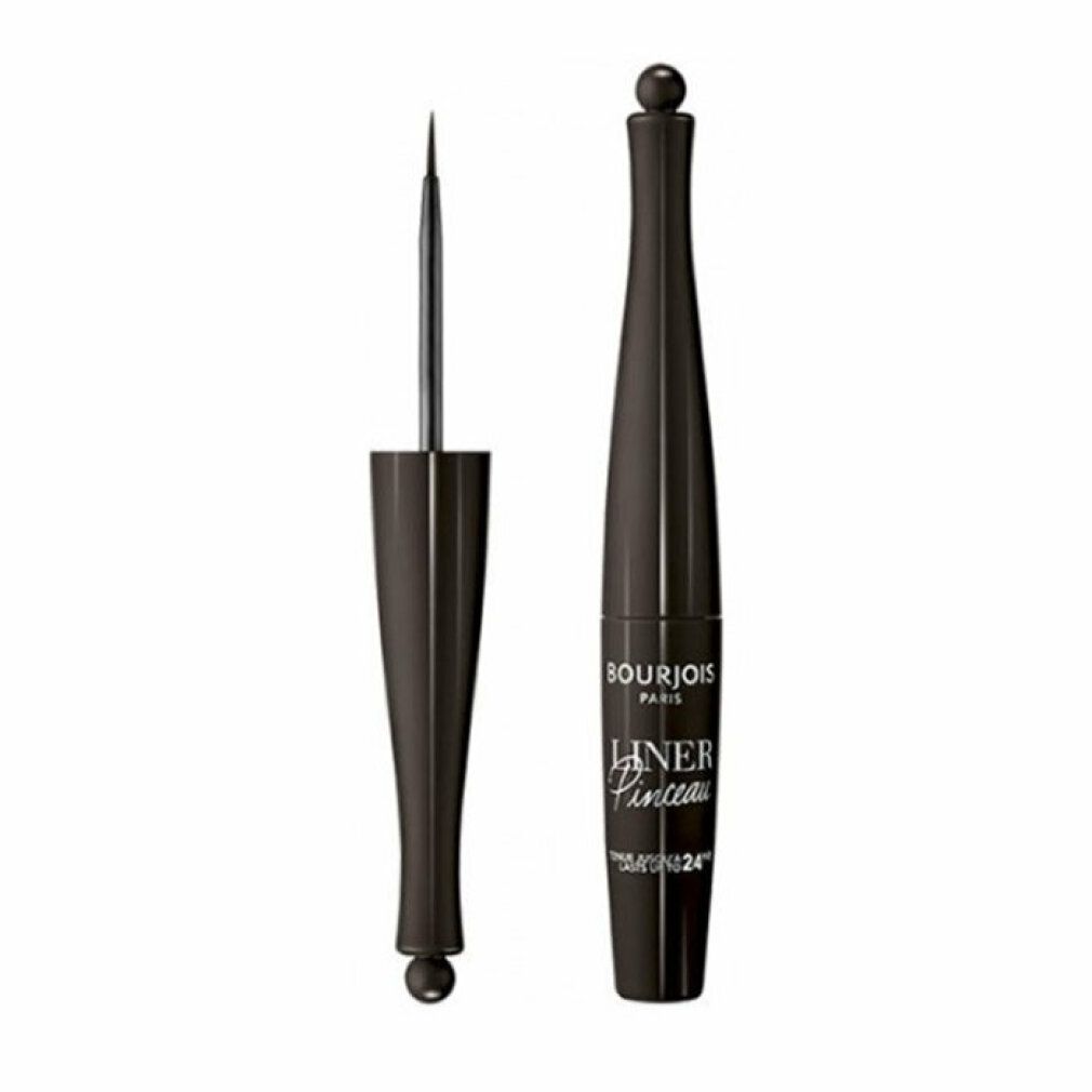 Eyeliner marron avec pinceau. Flacon et applicateur côte à côte. Inscription: Bourjois Paris, Liner Pinceau Waterproof.