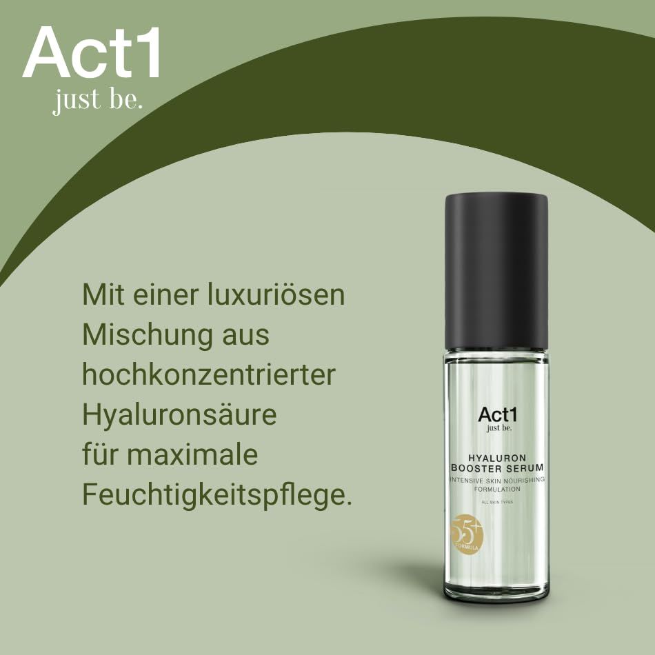 Serumfles met zwarte dop. Tekst: Hyaluronzuur voor maximale hydratatie. Act1 logo.