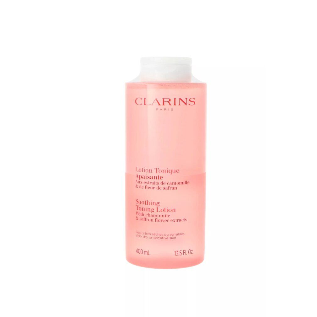 Clarins Lotion Tonique Apaisante, 400 ml, roze fles met witte dop.