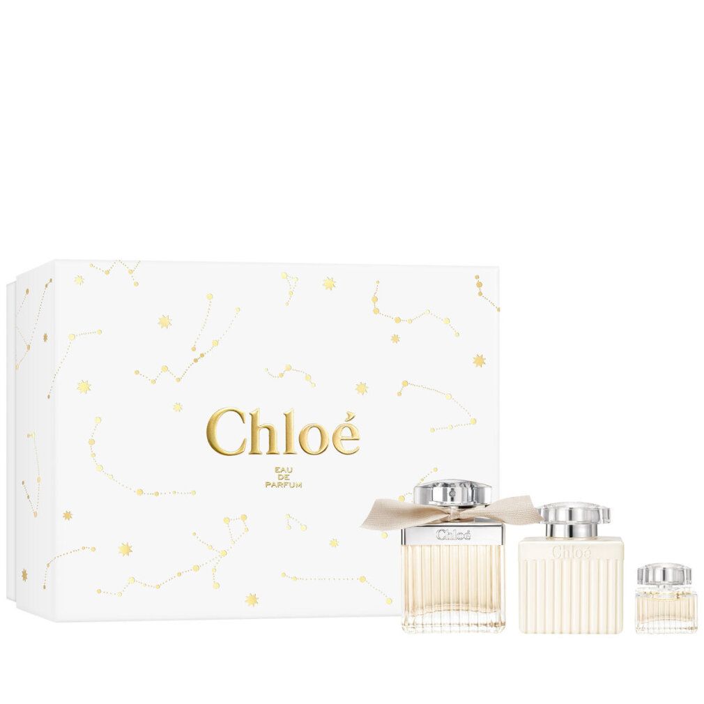 Coffret cadeau Chloé avec trois flacons et une boîte blanche. Inscription "Chloé Eau de Parfum".