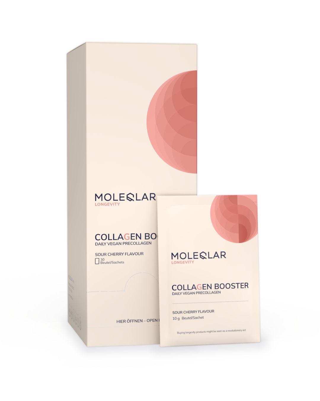 Emballage beige et sachet. Inscription : MOLEQLAR, COLLAGEN BOOSTER, Daily Vegan PreCollagen, Sour Cherry Flavour.