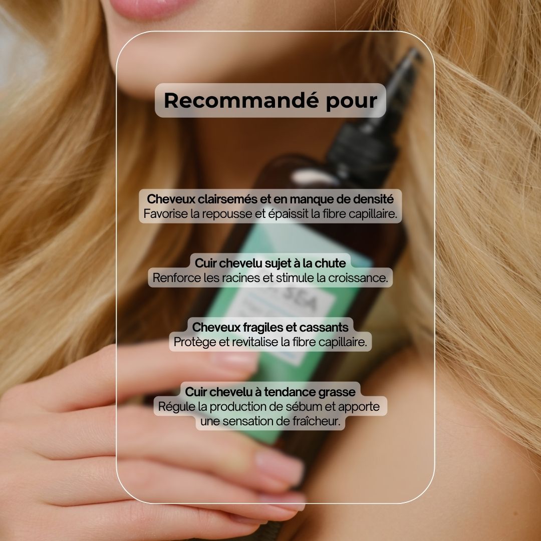 Flacon avec texte. Texte : Recommandé pour cheveux fins et fragiles, cheveux clairsemés, cuir chevelu sujet à la chute, cuir chevelu gras.