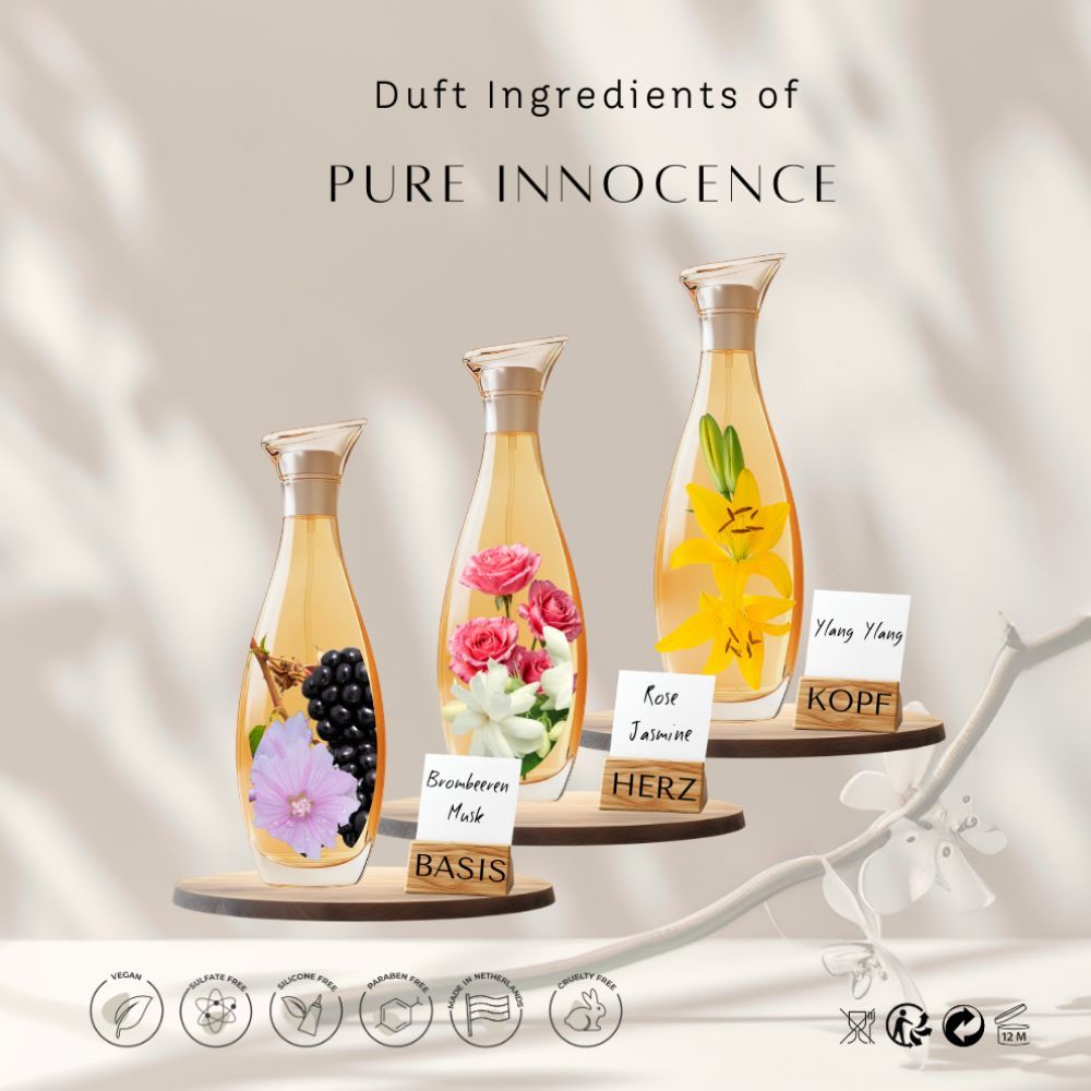 Trois flacons décoratifs avec ingrédients. Texte: Ingrédients parfumés de Pure Innocence. Mûre, rose, Ylang Ylang. Base, cœur, tête.