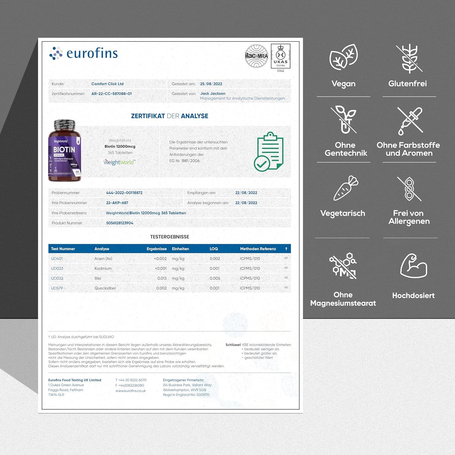 Certificaat van Eurofins. Fles BIOTINE, tekst: Certificaat van analyse. Logo's: Veganistisch, Glutenvrij, Zonder genetische manipulatie.