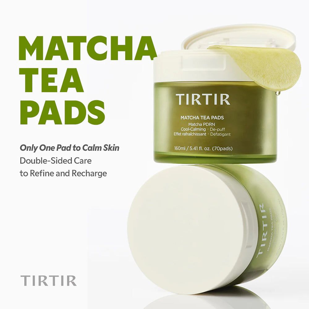 Deux pots de TIRTIR Matcha Tea Pads, l'un ouvert, avec logo et nom du produit.