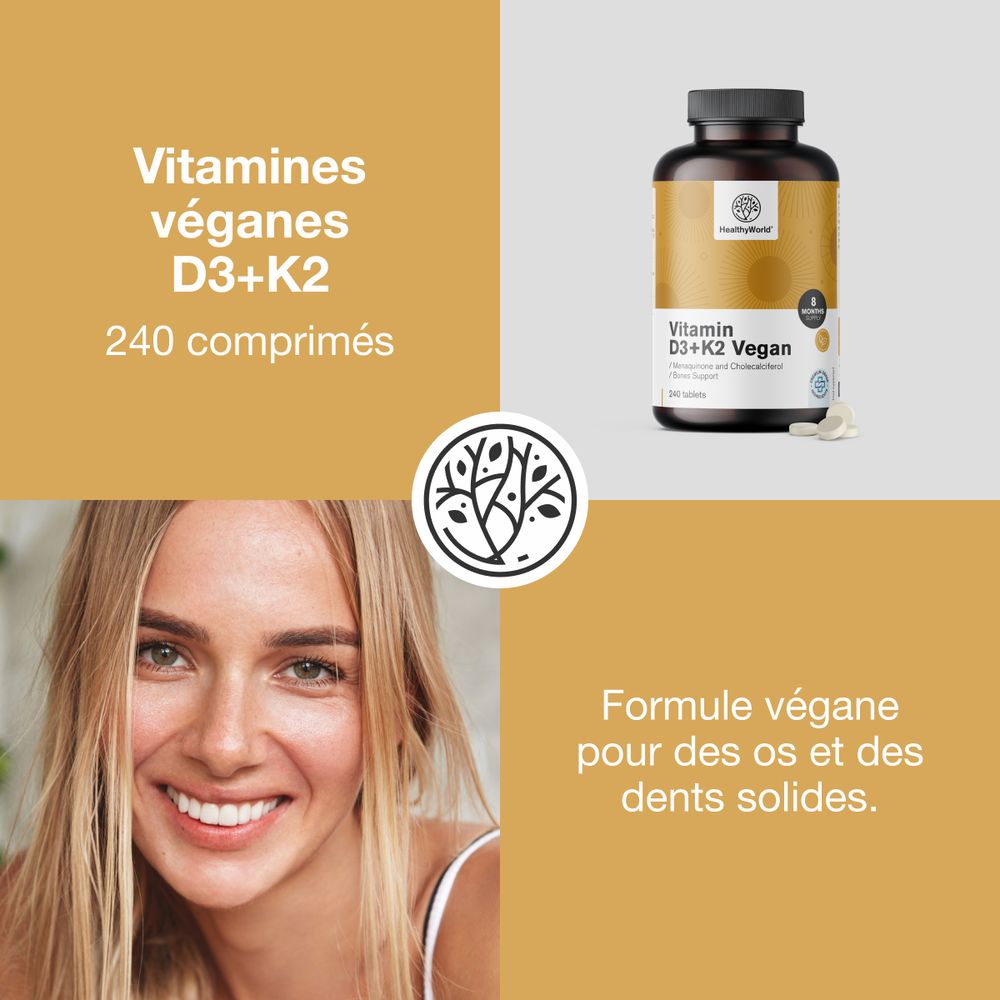 Femme souriante. Flacon de vitamines D3+K2 Vegan. Texte: Vitamines veganes D3+K2, 240 comprimés. Marque: HealthyWorld.