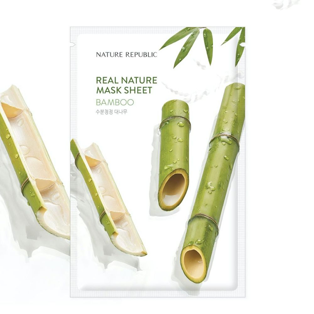 Emballage de masque facial. Illustrations de bambou. Texte: NATURE REPUBLIC, REAL NATURE MASK SHEET, BAMBOO.