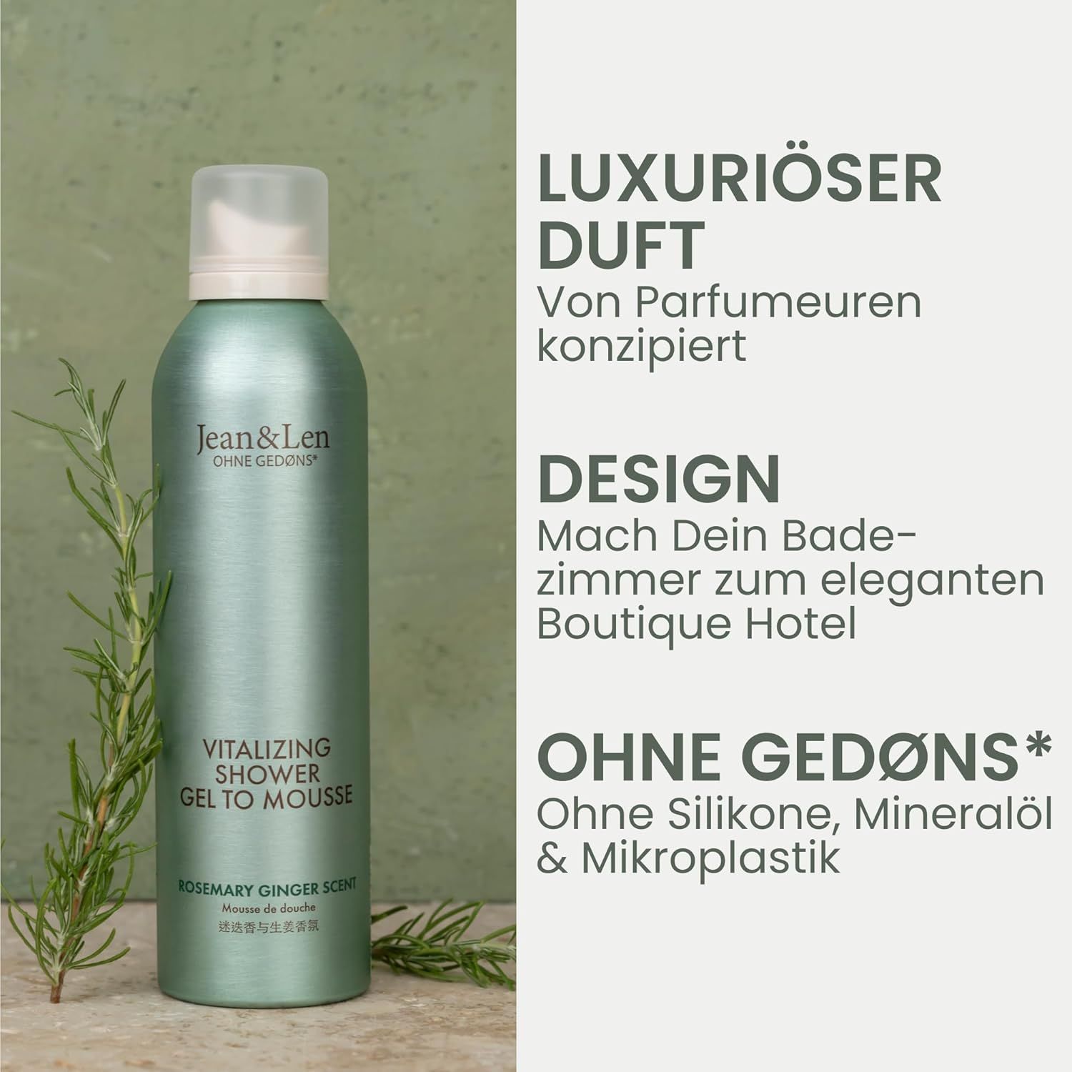 Flacon vert avec bouchon blanc. Texte: Jean & Len, Vitalizing Shower Gel to Mousse, Romarin & Gingembre. Sections de texte.