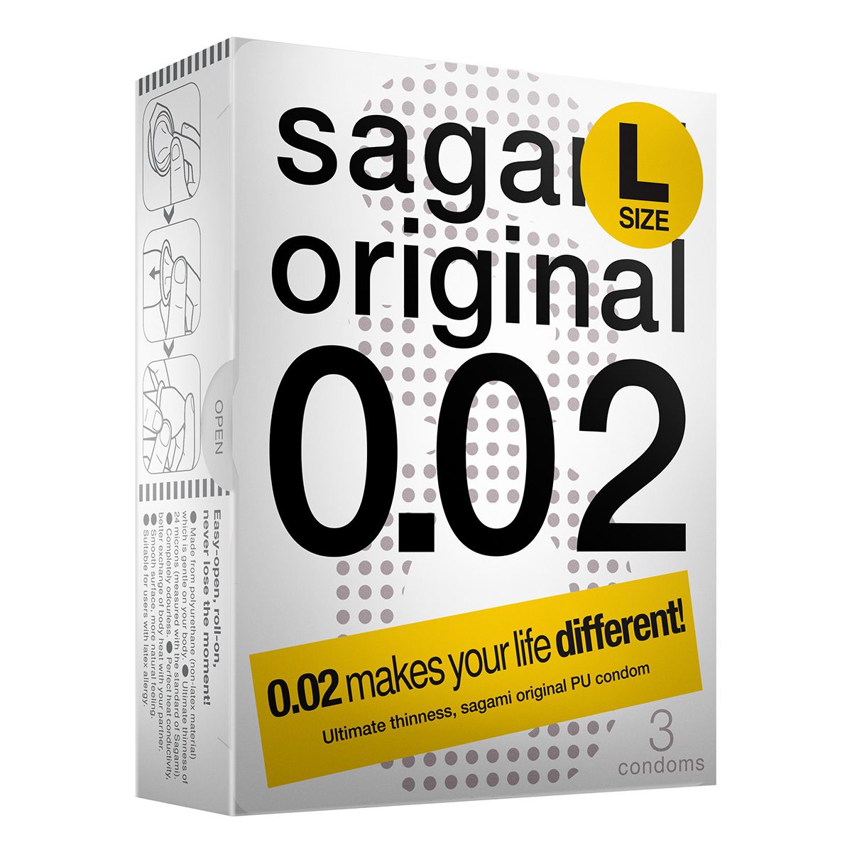 Witte verpakking met zwarte tekst. Opschrift: sagami original 0.02 L SIZE. Gele rechthoek met tekst: 3 condooms.