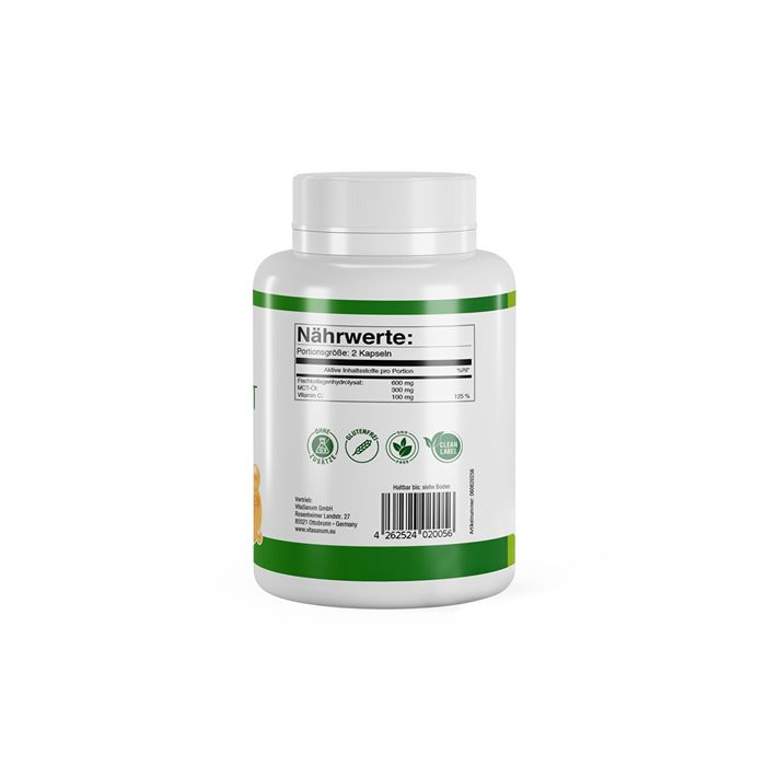 Dos d'un flacon blanc avec étiquette verte. Inscription: Valeurs nutritionnelles. Logos produits vegan. Code-barres.