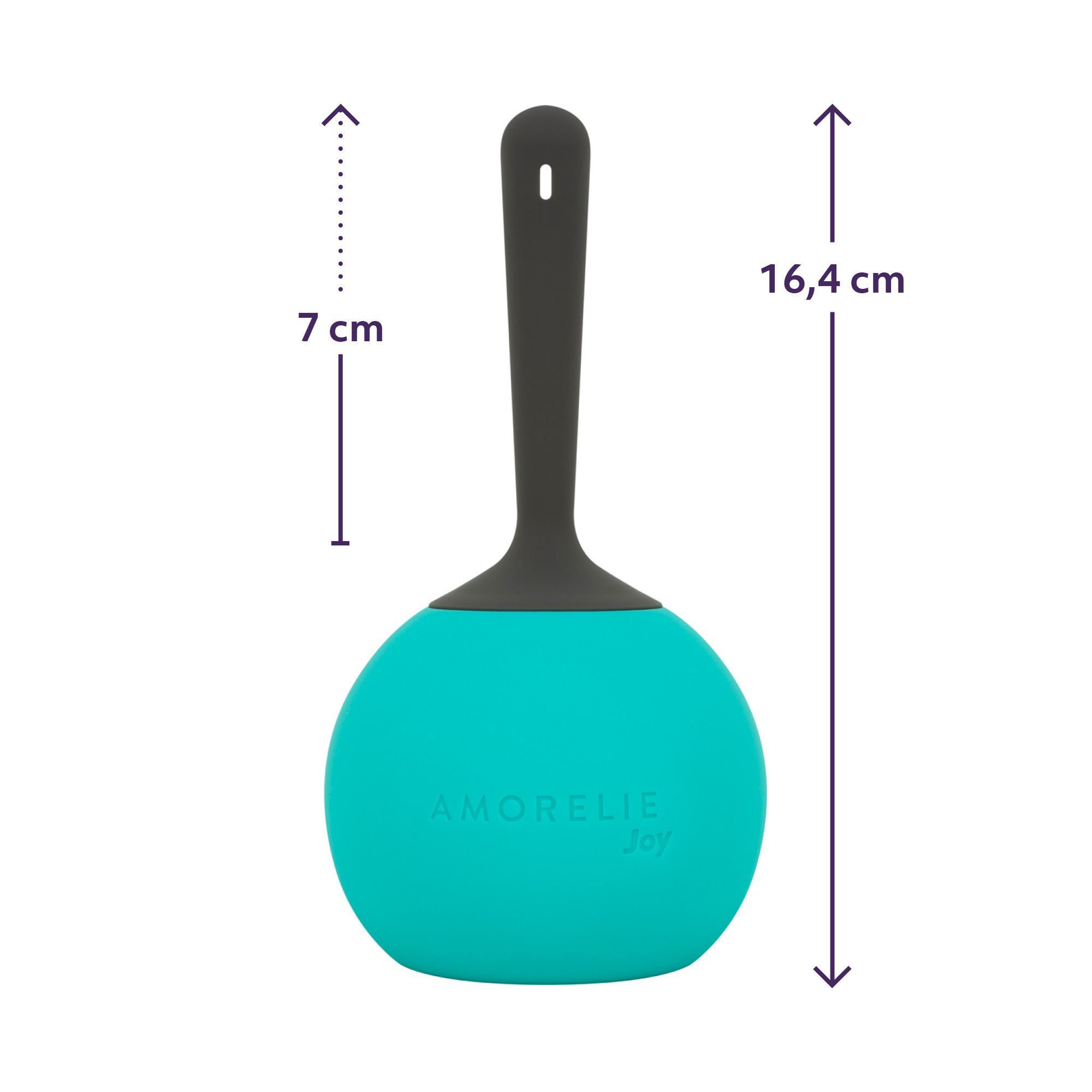 Sphère turquoise avec manche, avec mesures. Longueur totale 16,4 cm, manche 7 cm.
