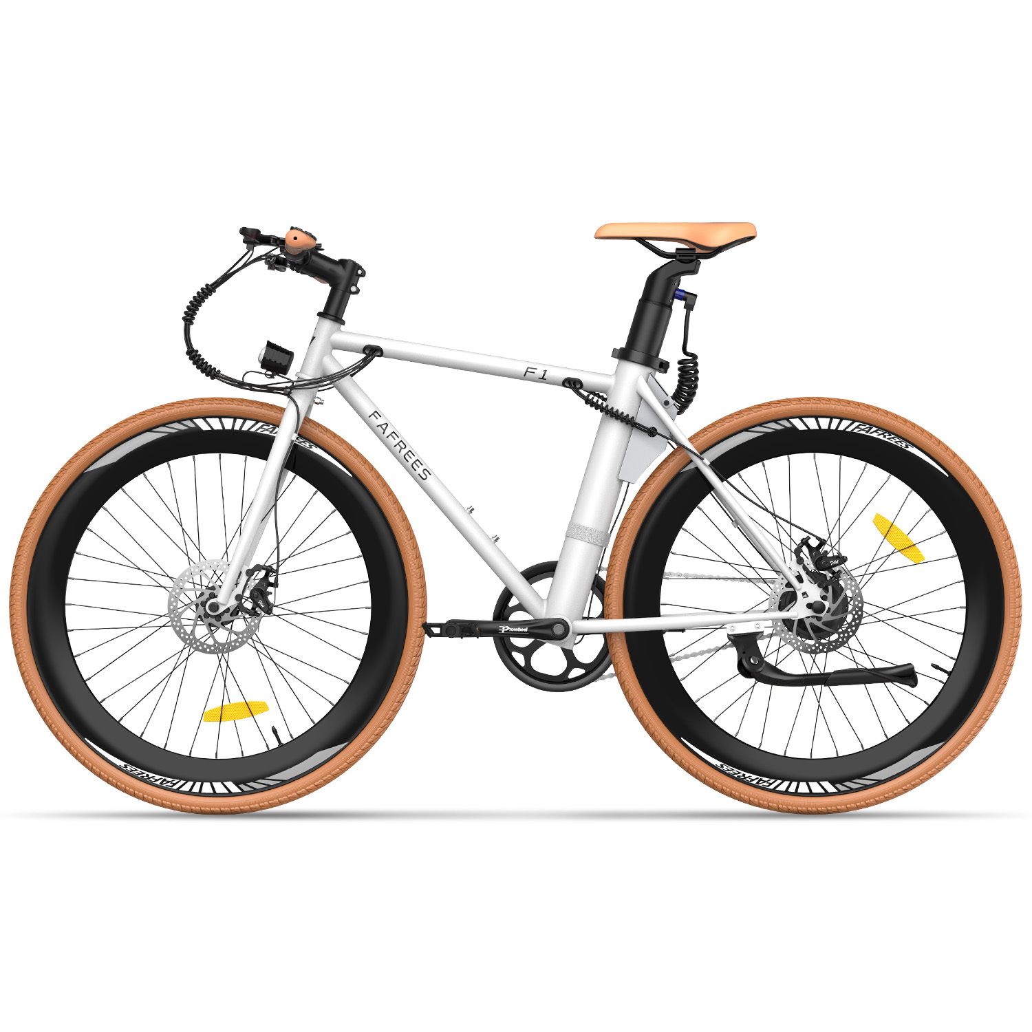 Vélo électrique Fafrees F1 blanc, pneus marron, selle marron. Guidon et selle en cuir. Le vélo est équipé d'un moteur électrique.