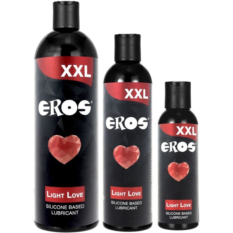 Trois bouteilles de lubrifiant Eros XXL Light Love de différentes tailles, bouteilles noires avec symbole de cœur rouge.