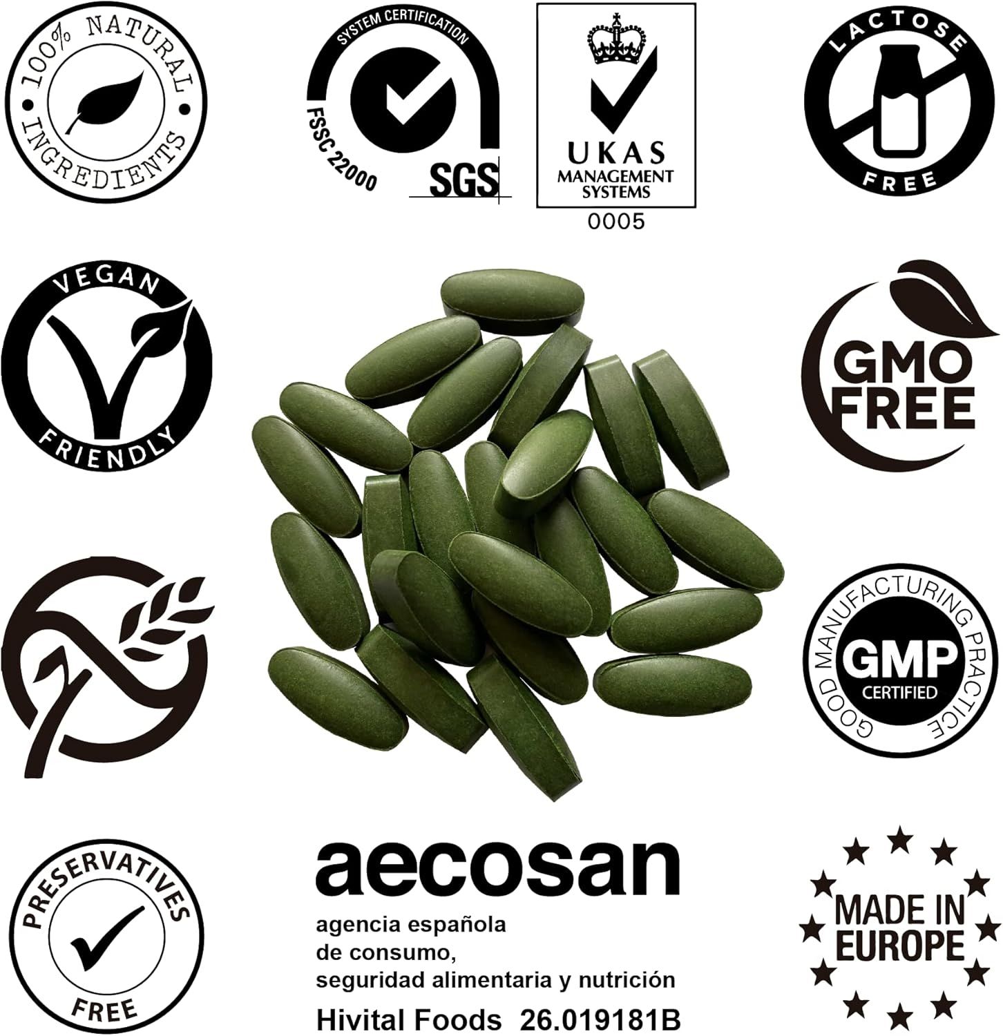 Comprimés verts avec logos, dont "Vegan", "GMO Free" et "SGS". Texte : "aecosan", "Hivital Foods".