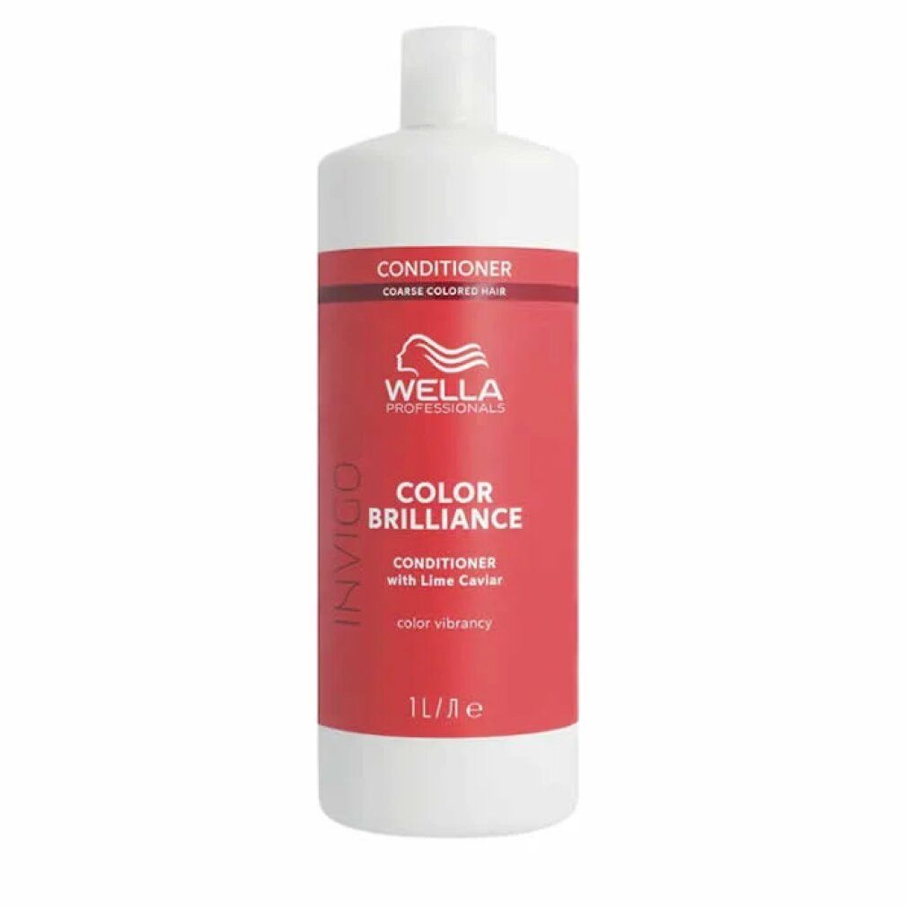 Witte fles met rood etiket. Opschrift: Wella Professionals Invigo Color Brilliance Conditioner. 1L.