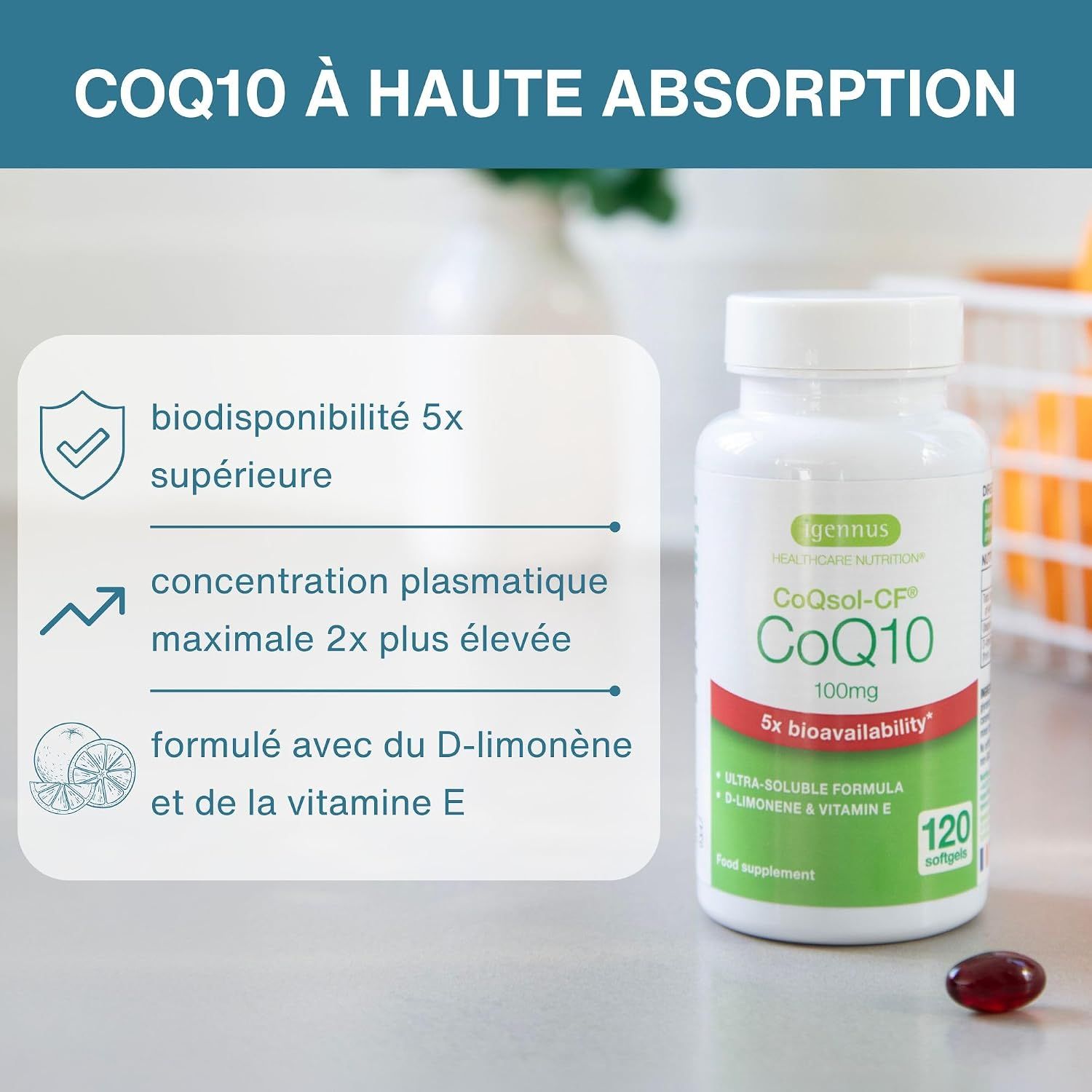 CoQ10 à haute absorption : biodisponibilité 5x supérieure, pic plasmatique plus élevé, avec D-Limonène et Vitamine E.