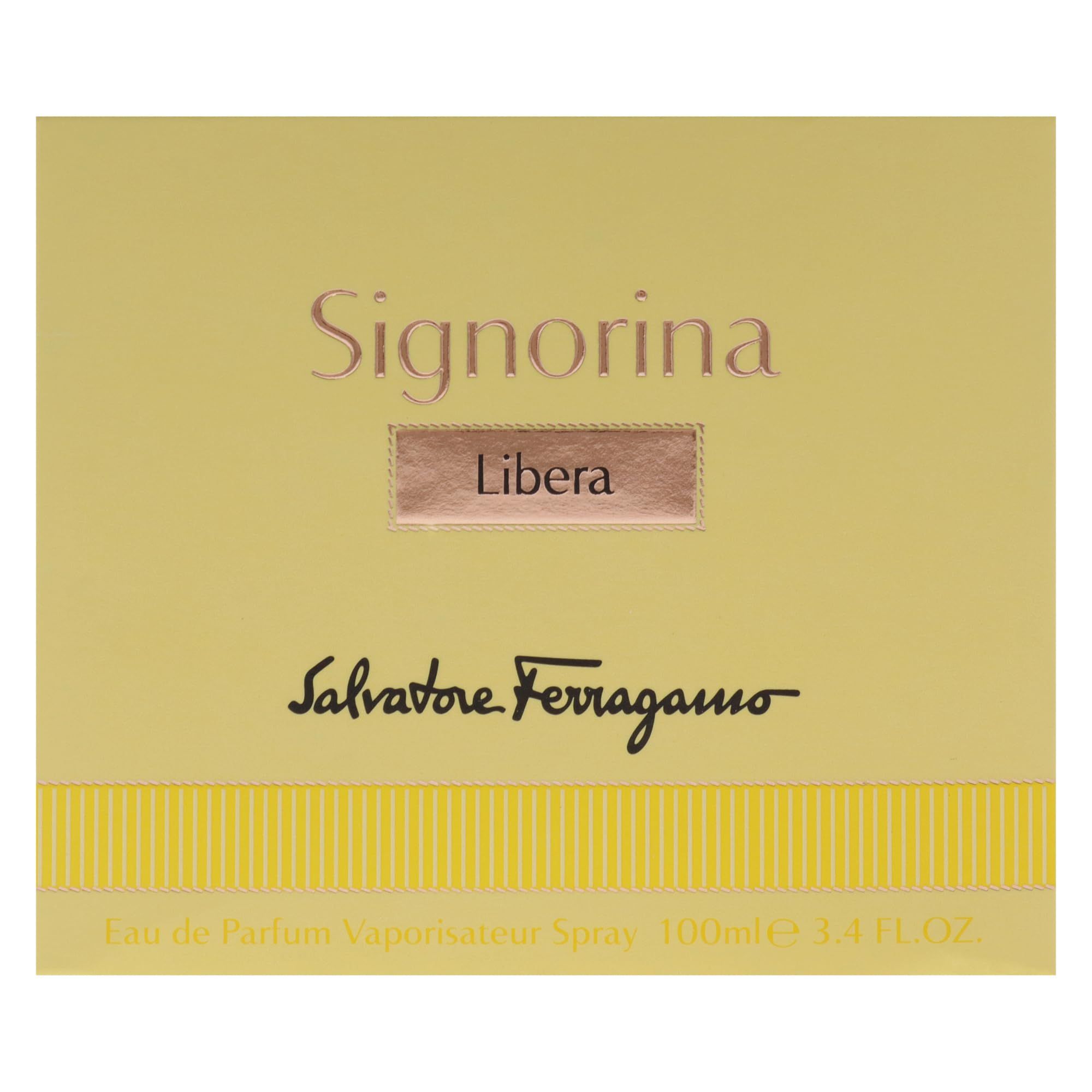 Emballage de Salvatore Ferragamo Signorina Libera. Boîte jaune avec nom du produit et logo. Texte: Eau de Parfum Vapo.