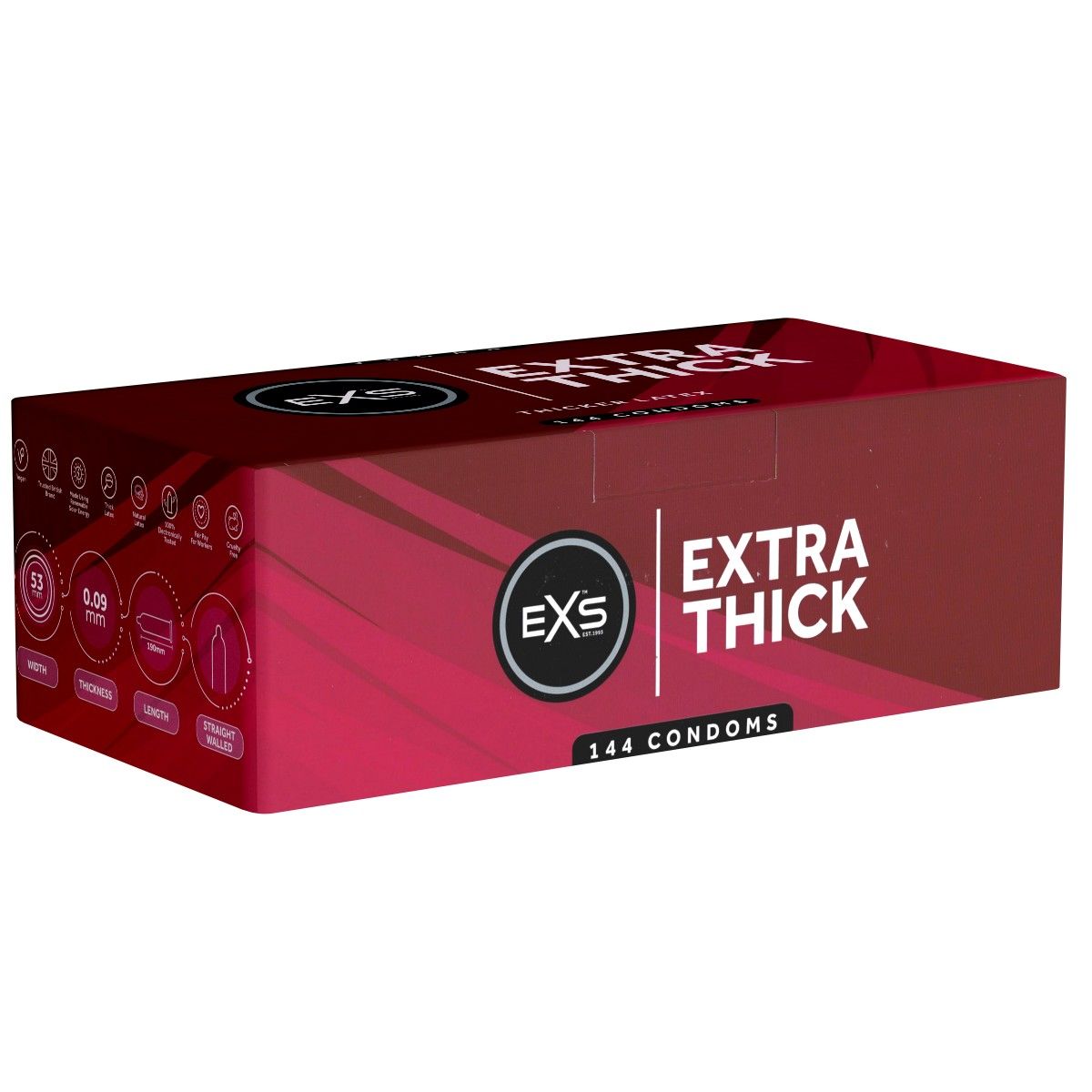 Boîte de 144 préservatifs. Rouge avec logo EXS, Extra Thick. Informations produit et dimensions.