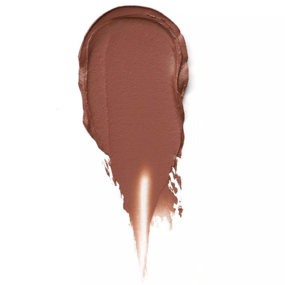 Échantillon de rouge à lèvres marron sur fond blanc. Texture : crémeuse.