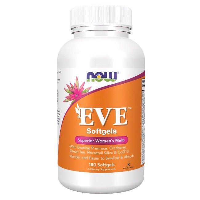 Now Foods Eve, 180 gélules. Flacon blanc, étiquette orange. Nom du produit et ingrédients visibles.