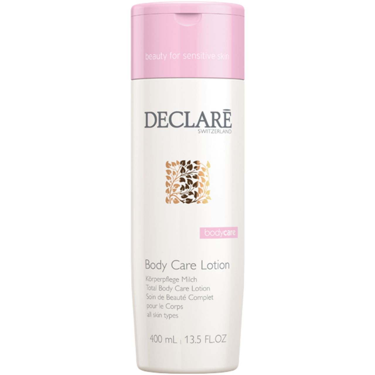 Flacon de lait corporel. Blanc, bouchon rose. Texte: DECLARÉ, Body Care Lotion, 400 ml.