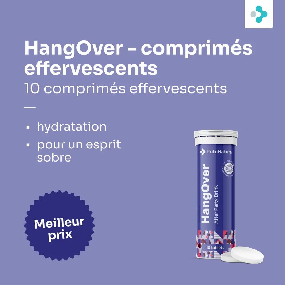 Image publicitaire avec comprimés effervescents "HangOver". Texte: "Hydratation", "pour un esprit sobre". "Meilleur prix". Comprimés et emballage.