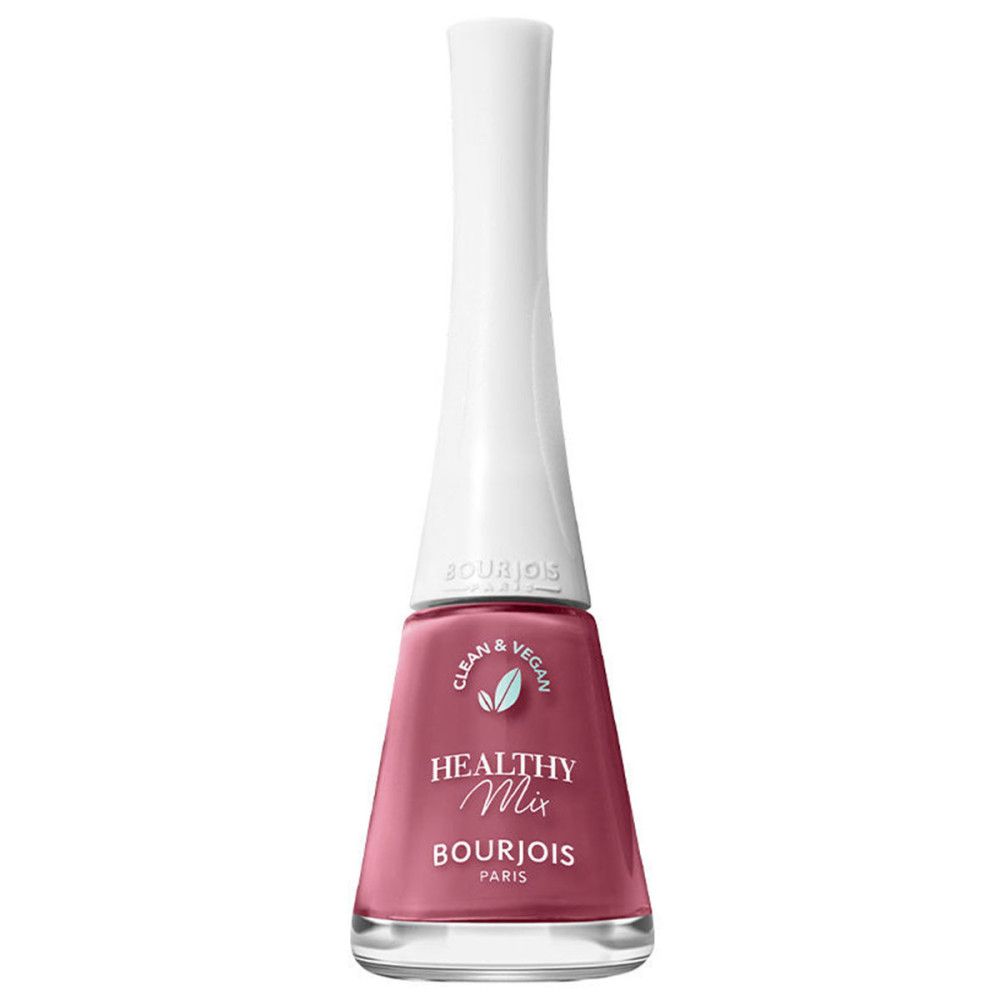Flacon de vernis à ongles avec bouchon blanc. Vernis rose, inscription Healthy Mix et Bourjois.